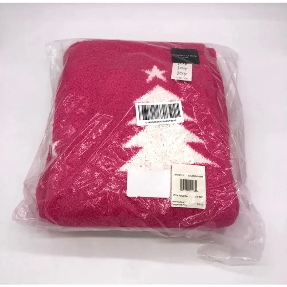 Magaschoni Pink & White Reversible Christmas Tree W/ Star Throw Blanket New